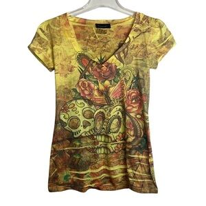 Y2K Flourish Yellow V-neck Skull T-shirt Size Large